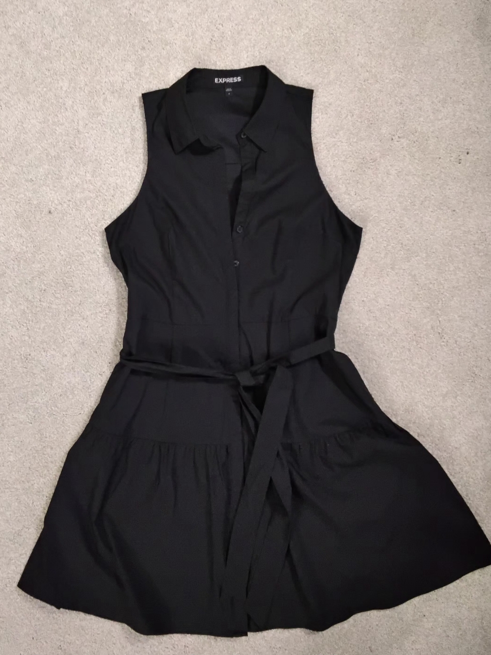 Express Sleeveless Button-Down Flare Shirt Dress with Waist Tie, Black, Size 6